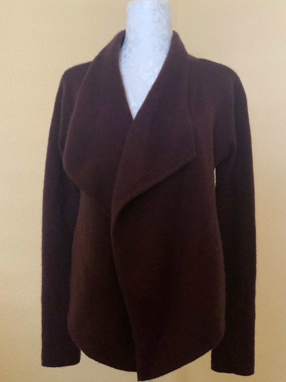 Margaret O'Leary Open Front Drape Cashmere Cardigan Jacket in Plum/Burgundy